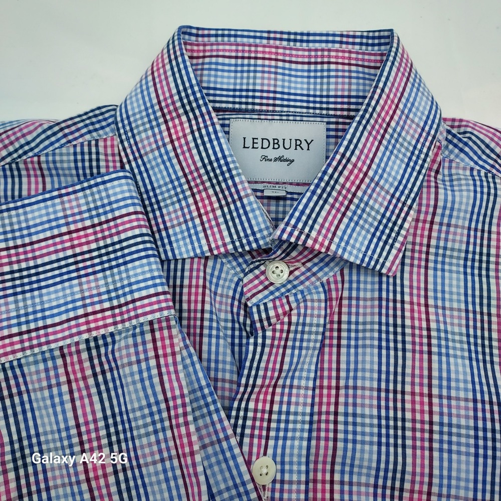 Ledbury‎ Slim Fit Shirt Mens 16 Blue Pink Tattersall Check Cotton Long Sleeve